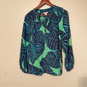 Lilly Pulitzer Silk Top Size Medium Elsa Tropical Leaves Blouse Long Sleeve